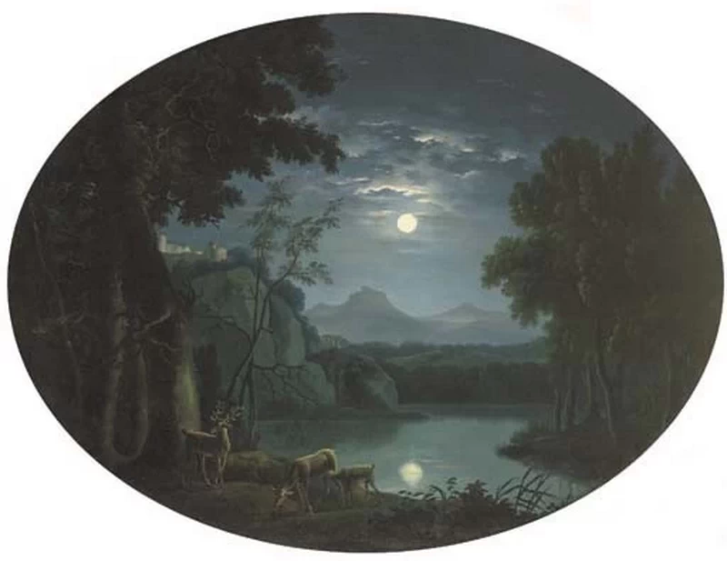Paesaggio illuminato dalla luna con cervi in riva a un lago